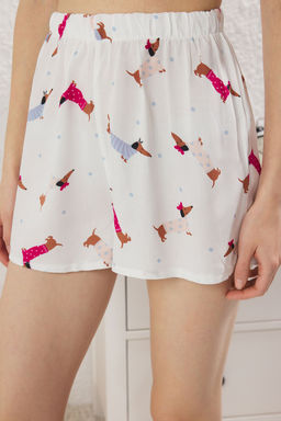 Beyaz-Cok Renkli Kopekli Biyeli Canta Hediyeli Viskon Sortlu Dokuma Pijama Tak?m? THMSS25PT00308 - Trendyolmilla фото 5