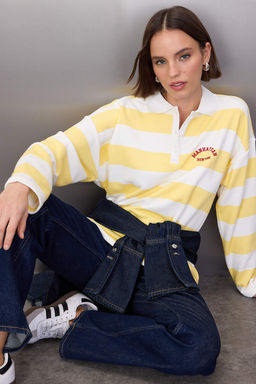 Ac?k Sar? Kal?n Sardonsuz Polo Yaka Cizgili Nak?sl? Orme Sweatshirt TWOAW26SW00062 - Trendyolmilla фото 2