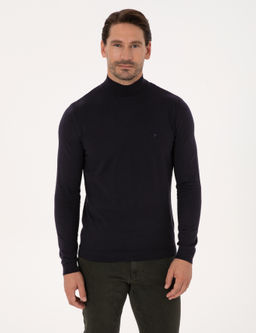 Lacivert Slim Fit Pamuk Kar___ml_ Yar_m Bal_k__ Yaka Basic Triko Kazak