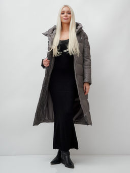 Пальто утепленное стеганное зимнее с капюшоном женское темно-серого цвета 9606TC