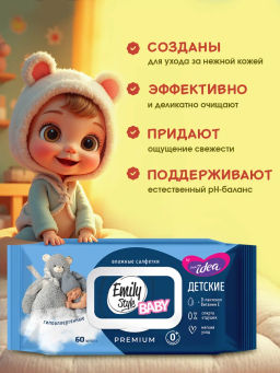 EMILY STYLE влажн.полотенца (60шт) Лайт Детские без отдушки 0+, XL размер, соты, розово-голубые