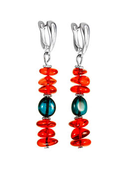 Яркие серьги из натурального балтийского янтаря красного и бирюзового цвета Богемия