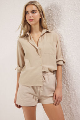 TRENDYOLMILLA Beyaz Pamuk Kar?s?ml? Keten Gorunumlu Oversize Genis Kal?p Dokuma Gomlek TWOSS25GO00096  фото 2