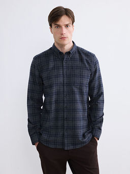 Regular Fit Y?n Kar???ml? Gabardin Erkek Ekose G?mlek