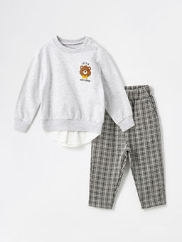 Bask?l? Erkek Bebek Sweatshirt ve Pantolon 2li Tak?m