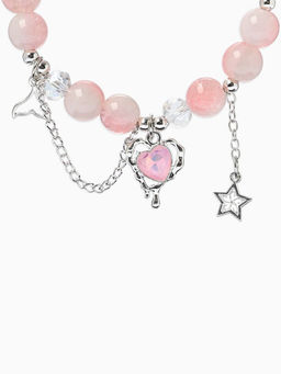 Браслет с подвесками "Сахарный" сердце тякучее, шар № 10/8, цвет бело-розовый в серебре