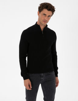 Siyah Slim Fit Dik Yaka Fermuarl_ Triko Kazak - Pierre cardin фото 3