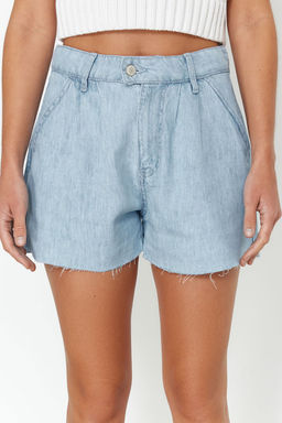 Ac?k Mavi %100 Tencel Pileli Yuksek Bel Sort TWOSS24SR00187 - Trendyolmilla фото 4