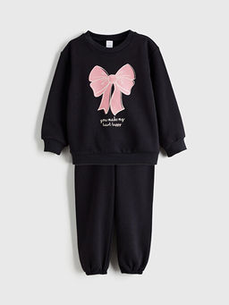 Bask?l? K?z ?ocuk Sweatshirt ve E?ofman Alt?