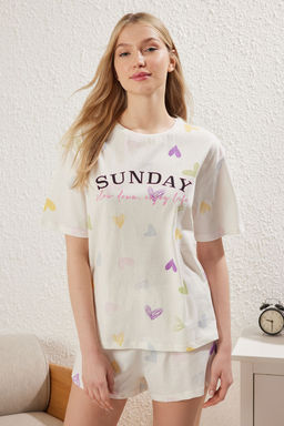 Beyaz %100 Pamuklu Kalpli Sloganl? Sortlu Orme Pijama Tak?m? THMSS25PT00168
