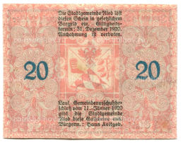 Банкнота 20 геллеров 1920 года Австрия  Рид-им-Иннкрайс (нотгельд)