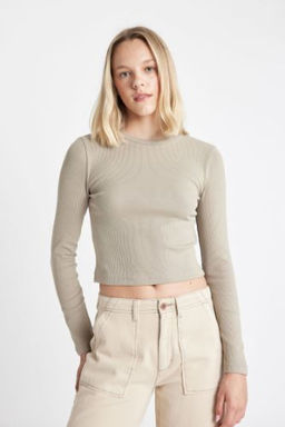 Fitted Bisiklet Yaka Fitilli Kaskorse Basic Duz Uzun Kollu Tisort