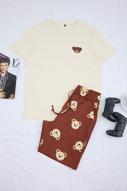 Kahverengi Couple/_ift Regular Ay_c_k Desenli %100 Pamuk _ortlu Erkek Pijama Tak_m_ TMNSS24PT00049