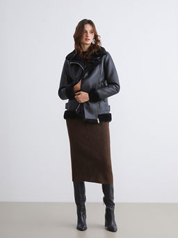 K?rkl? Yaka Kad?n Deri G?r?n?ml? Mont