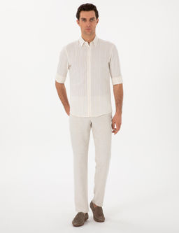 Bej Slim Fit _izgili Keten Kar___ml_ G_mlek