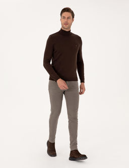 Koyu Kahverengi Slim Fit Bal_k__ Yaka Basic Triko Kazak