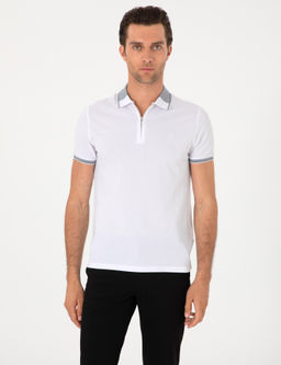 Beyaz Slim Fit %100 Pamuk Fermuarl_ Polo Yaka T-shirt