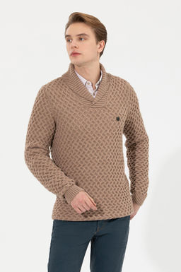 U. S. Polo Assn Мужской светло-коричневый меланжевый трикотаж с шалевым воротником - U.s. polo assn фото 3