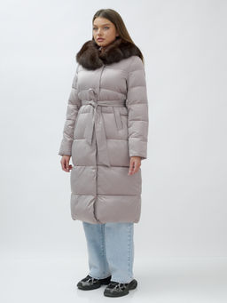 с мехом песец люкс класса Пальто зимние Бренд Visdeer, бежевого цвета  фото 3