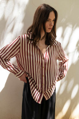 Bej Cizgili Gomlek TWOSS25GO00172 - Trendyolmilla фото 6