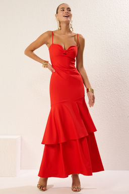 TRENDYOLMILLA Nar Cicegi A-Kesim Cut Out/Pencere Detayl? Dokuma Uzun S?k Abiye Elbise TPRSS25AE00048
