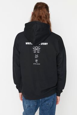 Siyah Oversize/Genis Kesim Fit Kapusonlu Yaz? Bask?l? Sweatshirt TMNAW23SW00015 - Trendyolmilla фото 6