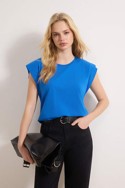 Saks %100 Pamuk Vatka Gorunumlu Basic Bisiklet Yaka Orme T-Shirt TWOSS20TS0021