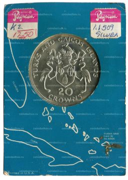 Монета 20 крон 1974 года Теркс и Кайкос 100 лет со дня рождения Уинстона Черчилля (в блистере)