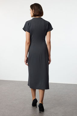 Antrasit A Kesim Degaje Yaka Midi Dokuma Elbise TWOAW25EL00393