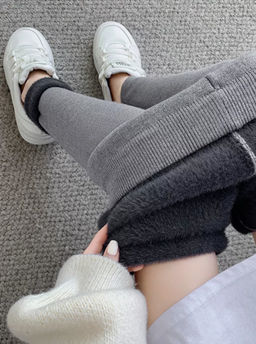 K13197 Легинсы в рубчик МЕХ (вязаный трикотаж) СЕРЫЙ