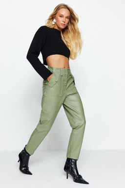 TRENDYOLMILLA Limited Edition Siyah Havuc Dokuma Onden Dugmeli Suni Deri Pantolon TWOAW22PL0083 фото 2