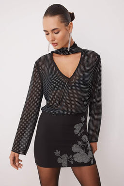 Siyah Mini Dokuma Yerlesimli Tas Bask?l? Party Etek TPRAW26ET00005