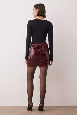 Bordo Duz Ekstra K?sa / Super Mini Orme Payet Party Etek TPRAW26ET00011 - Trendyolmilla фото 4