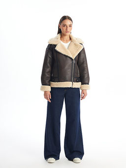 Biker Yaka D?z Oversize Kad?n Deri G?r?n?ml? Mont - Waikiki фото 2