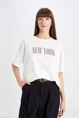 Футболка оверсайз с круглым вырезом и принтом из чесаного хлопка с короткими рукавами - Defacto фото 3