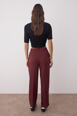 Bordo Limited Edition Straight/Duz Kesim Pilili Dokuma Kumas Pantolon TWOAW23PL00401