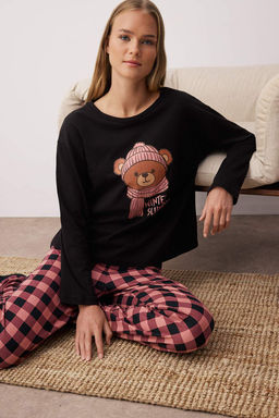 Siyah %100 Pamuklu Ay?c?kl? Ekoseli Orme Pijama Tak?m? THMAW25PT00088