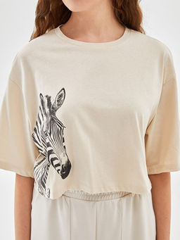 Bisiklet Yaka Zebra Bask?l? Kad?n Crop