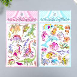 Наклейка пластик объёмные с глиттером Динозавры/Рыбы золото/серебро МИКС