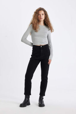 Женская серая базовая однотонная футболка с круглым вырезом и длинными рукавами - Defacto фото 2