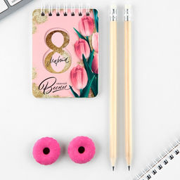 Подарочный набор «Поздравляю с 8 марта»: карандаши 2 шт., ластики 2 шт., блокнот