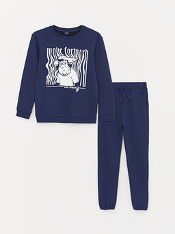 Bisiklet Yaka Bask?l? Uzun Kollu Erkek ?ocuk Sweatshirt ve E?ofman Alt?