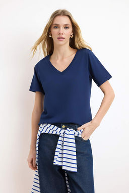 Bordo-Lacivert %100 Pamuk 2li Paket Regular Kal?p Basic V Yaka Orme T-Shirt TWOSS23TS00002