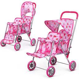 Коляска для кукол, для двойни, металлическая, складная, цвет клубнички на розовом