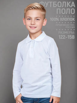 Футболка детская Поло, длин. рукав, цвет Белый, пике карде, 100% х/б
