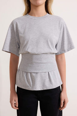 Gri Melanj Fitted/Vucuda Oturan Dusuk Kol K?sa Kollu Tok %100 Pamuk Orme T-Shirt TWOSS26TS00046 - Trendyolmilla фото 3