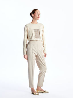 Bisiklet Yaka Bask?l? Uzun Kollu Kad?n Ti??rt