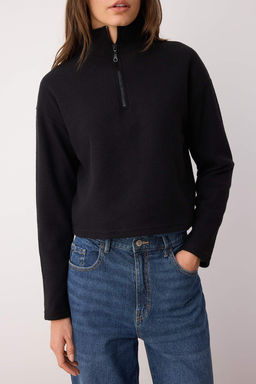 Siyah Selanik/Triko Gorunumlu Fermuarl? Yaka Regular/Normal Kal?p Orme Sweatshirt TWOAW22SW0732