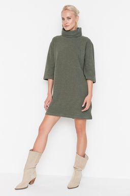 Haki Bal?kc? Yaka Shift/Duz Mini Selanik Uzun Kollu Orme Elbise TWOAW20EL1110