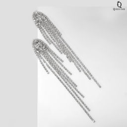 Серьги висячие со стразами Голливуд нити на кристаллах, цвет белый в серебре, 15см - Queen fair фото 3